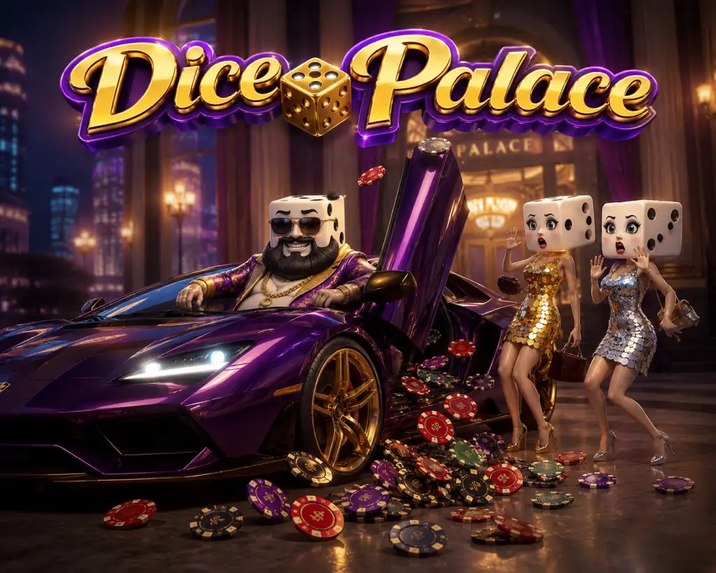 Dice Palace mascots arriving at the casino in a purple supercar